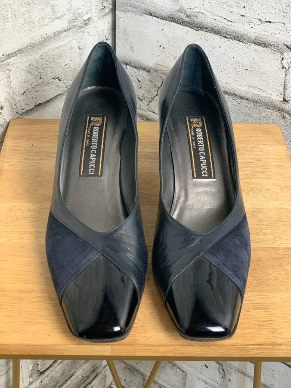 Vintage 90s Roberto Capucci Square Toe Pump 9 AA Navy Black Leather Block Heel